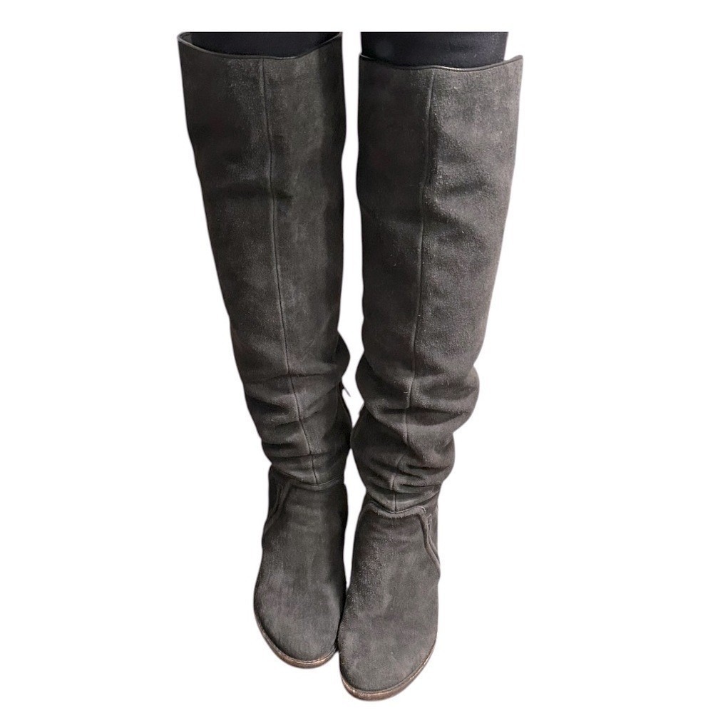 Vince Camuto Melaya Grey Blue Suede Knee High Stacked Block Heel Boots 9.5 M